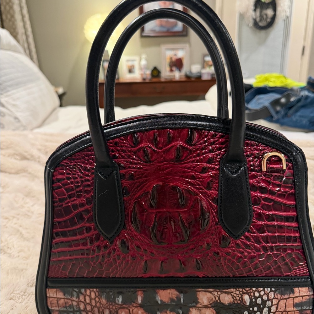 Brahmin Black and Red Croc-Embossed Satchel